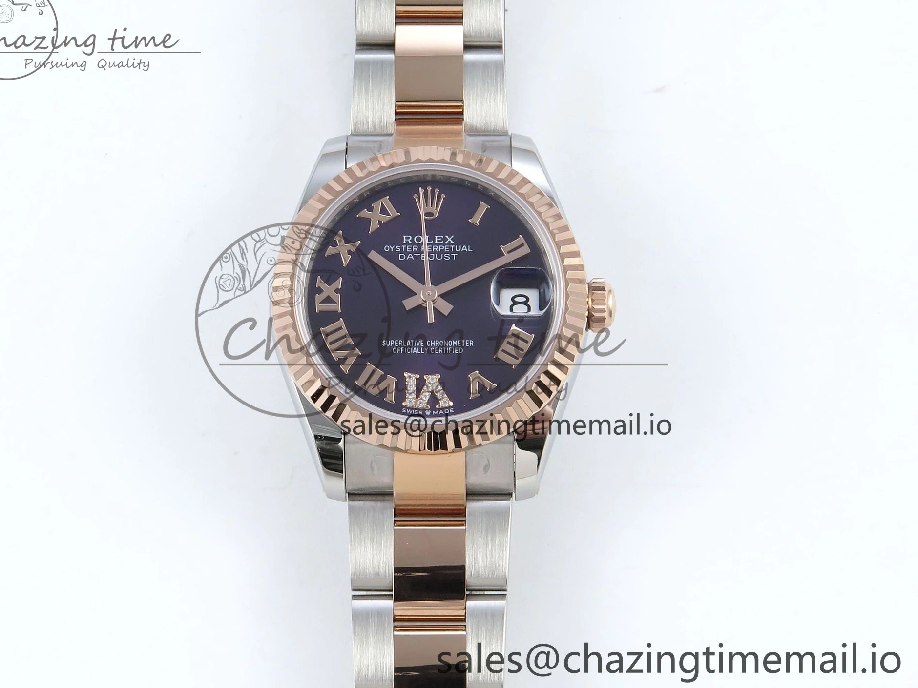 MiroTime 0218 DateJust 31 278271 ARF 1:1 Best Edition 904L Steel Purple Roman Diamonds Dial on SS RG Oyster Bracelet ETA TechFriendly 523